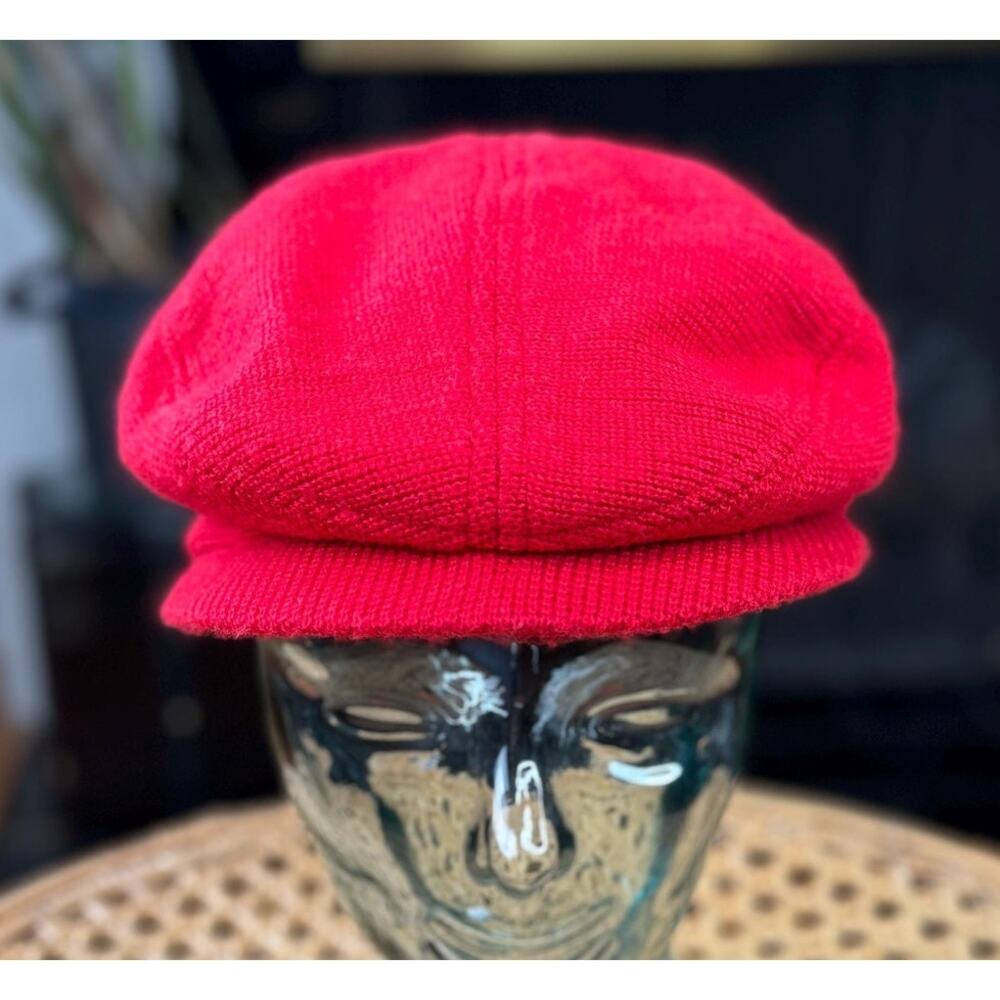 Vintage Newsboy Hat, Red 1980s Knit Newsboy Cap,  80s Hat, Red Brim Knit Cap - Picture 2 of 10